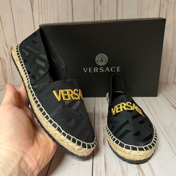 Versace Logo Jacquard Espadrille Flat Black/Gold Sz 36 / 6 - Picture 4 of 11